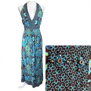 Vtg. R & K Size 14‎ Maxi Halter Dress Stretch Smocked Empire Waist Plunge Neck